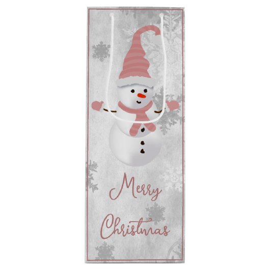 ピンクキュート雪だるまホリデーワイン抱き枕 ワインギフトバッグ (正面)