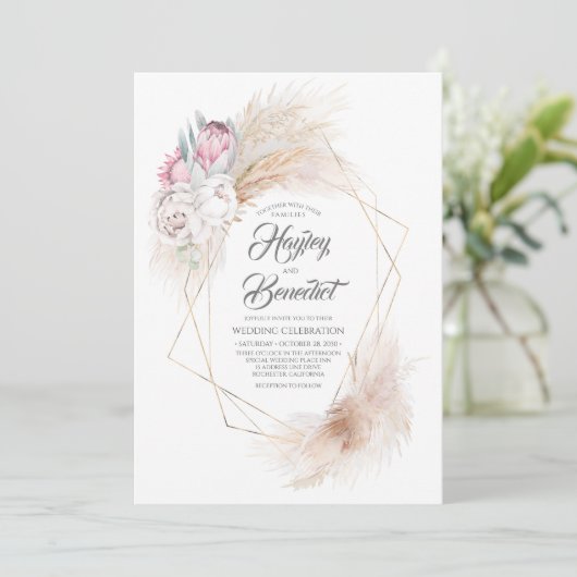 ピンクキングプロテアとパンパスグラスモダン結婚ズ 招待状 (スタンド正面)