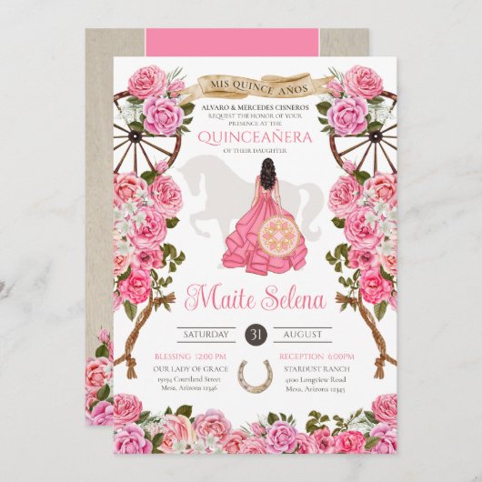 ピンクキンセアニェラエレガントバラチャロ誕生日 招待状 (正面/裏面)