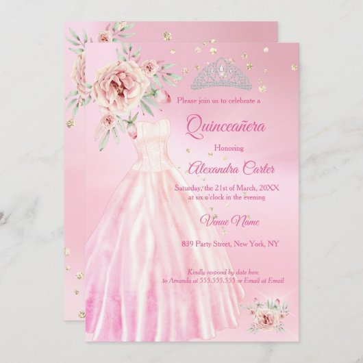 ピンクキンセアニェラドレスティアラフローラ誕生日パーティー 招待状 (正面/裏面)