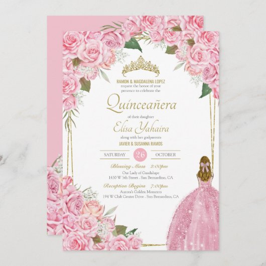 ピンクキンセアニェラフローラバラクインズエレガントガウン 招待状 (正面/裏面)