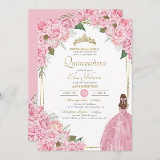 ピンクキンセアニェラフローラバラクインズエレガントガウン 招待状 (正面/裏面)