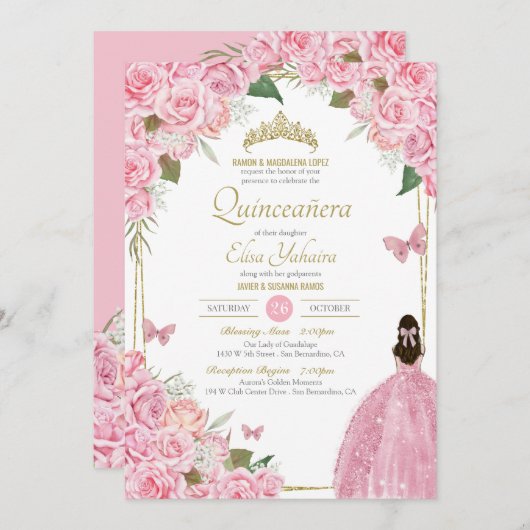 ピンクキンセアニェラフローラバラクインズガウン蝶 招待状 (正面/裏面)