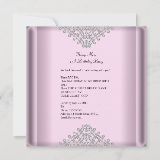 ピンクキンセアニェラ15誕生日パーティーホワイトダイヤモンド 招待状 (裏面)