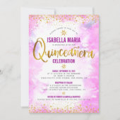 ピンクキンセアニラウォーターカラーゴールドフォイルシエレガントック 招待状 (正面)