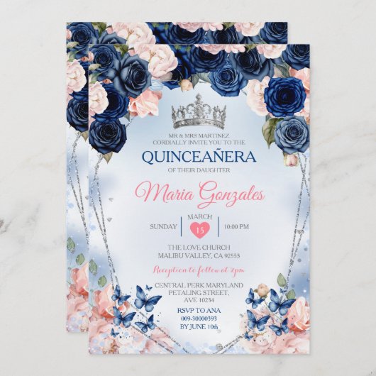 ピンクキンセアニラクラウンネイビーバタフライ15アノス 招待状 (正面/裏面)