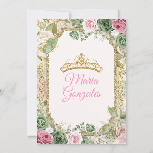 ピンクキンセアニラセージグリーン金ゴールドクラウンバタフライ 招待状 (裏面)