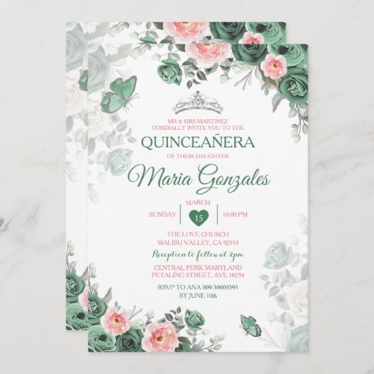 ピンクキンセアニラダスティグリーンクラウンバタフライ 招待状 (正面/裏面)