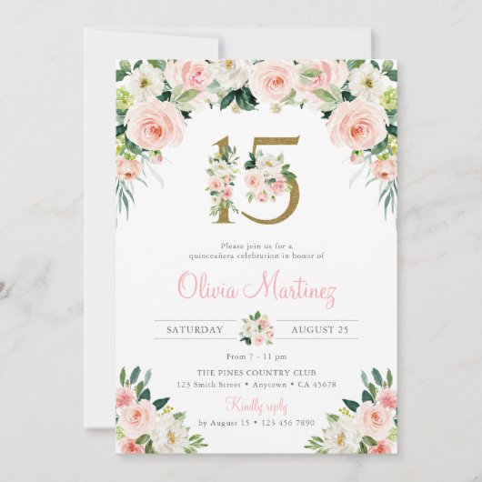 ピンクキンセアニラ誕生日招待状赤面フローラ 招待状 (正面)