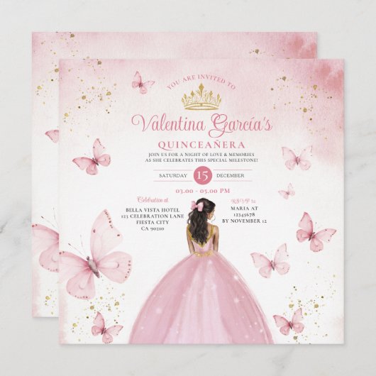 ピンクキンセアニラ15アノスフラワーズ金ゴールドグリッターインヴィ 招待状 (正面/裏面)