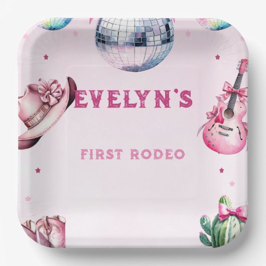 ピンクギターカウボーイパーティーサボテン誕生日 ペーパープレート (正面)