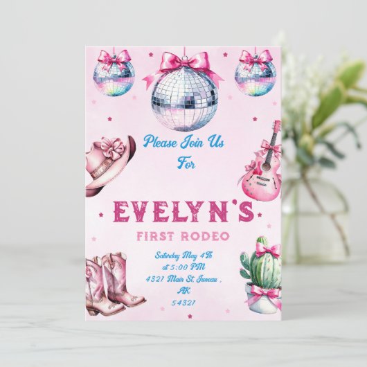 ピンクギターカウボーイパーティーサボテン誕生日 招待状 (スタンド正面)