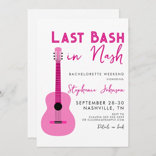 ピンクギター最後のバッシュでNashバチェロレッテ 招待状 (正面/裏面)