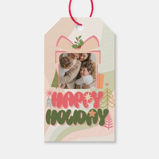 ピンクギフトボックスファミリーまたはビジネスフラットホリデーカード ギフトタグ (正面)