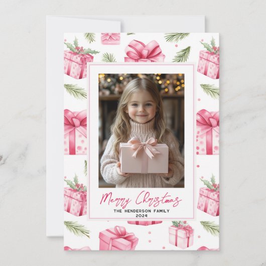 ピンクギフト&ボウカスタムクリスマスフォト&名前 シーズンカード (正面)