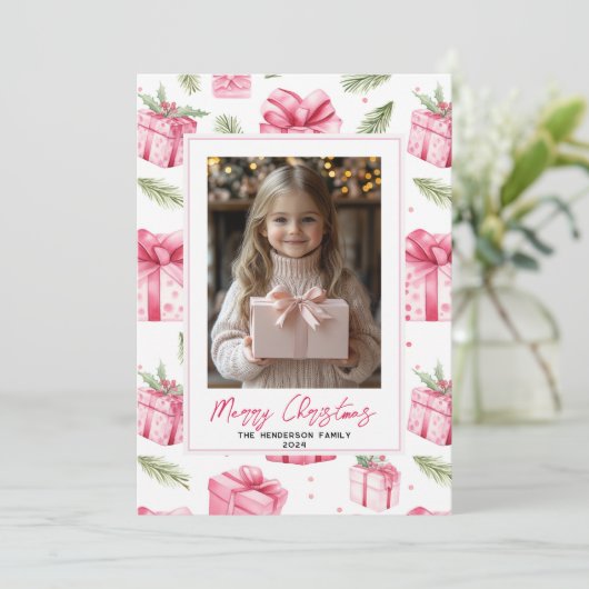 ピンクギフト&ボウカスタムクリスマスフォト&名前 シーズンカード (スタンド正面)