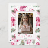 ピンクギフト&ボウカスタムクリスマスフォト&名前 シーズンカード (正面/裏面)