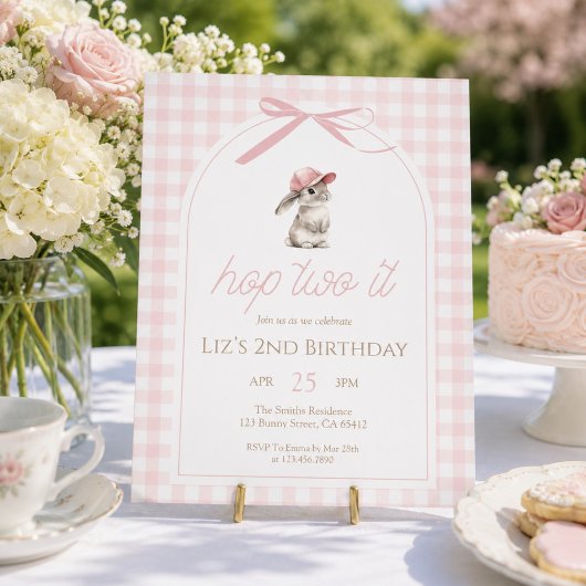 ピンクギンガムのうさぎ Hop Two It 2歳の誕生日 招待状