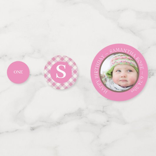 ピンクギンガムアンドカップケーキ誕生日 コンフェッティ (正面)