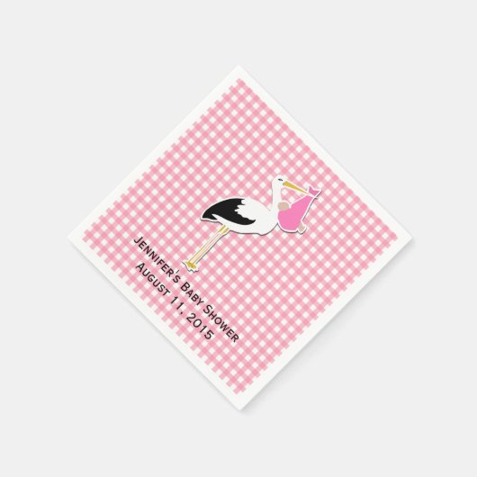 ピンクギンガムアンドストークベビーシャワー紙ナプキンス スタンダードカクテルナプキン (角)