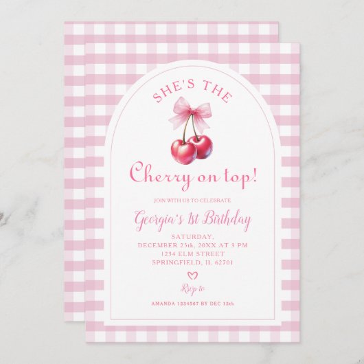 ピンクギンガムウィズボウ彼女のさくらんぼオン誕生日 招待状 (正面/裏面)