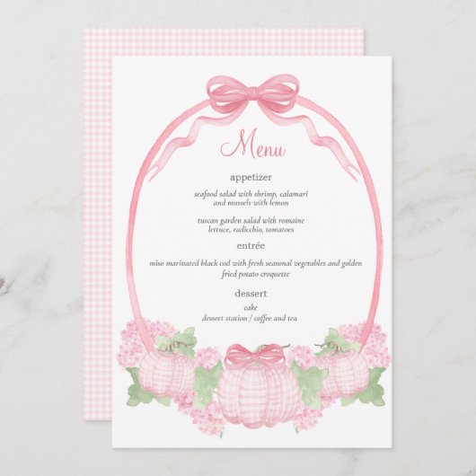 ピンクギンガムカボチャ赤ちゃんシャワーメニュー 招待状 (正面/裏面)