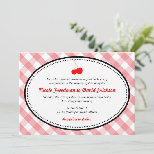 ピンクギンガムカントリーラスティックレッドさくらんぼ結婚ズ 招待状 (スタンド正面)