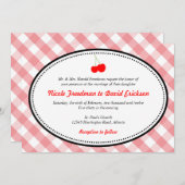 ピンクギンガムカントリーラスティックレッドさくらんぼ結婚ズ 招待状 (正面/裏面)