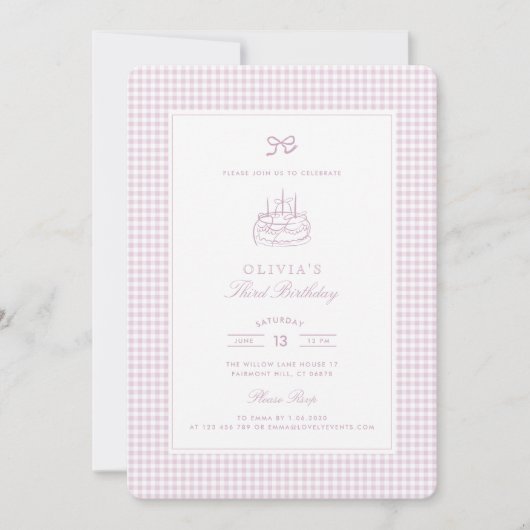 ピンクギンガムガールズ誕生日パーティーの招待状 案内状 (正面)