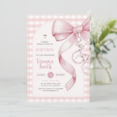 ピンクギンガムガールバプティスピンクボウパールネックレス 招待状 (スタンド正面)