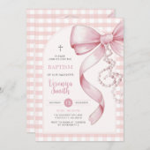 ピンクギンガムガールバプティスピンクボウパールネックレス 招待状 (正面/裏面)