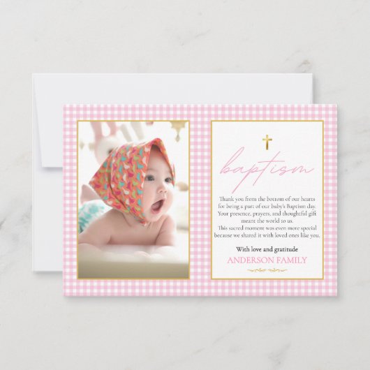 ピンクギンガムガールバプテスハートフェルト感謝の気持ち サンキューカード (正面)