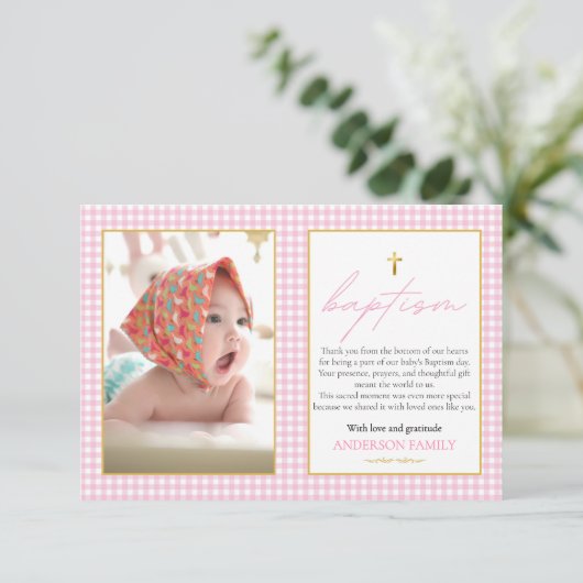 ピンクギンガムガールバプテスハートフェルト感謝の気持ち サンキューカード (スタンド正面)