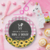 ピンクギンガムサンフラワーズチョークボードベビー- Qシャワー ペーパープレート (パーティー)