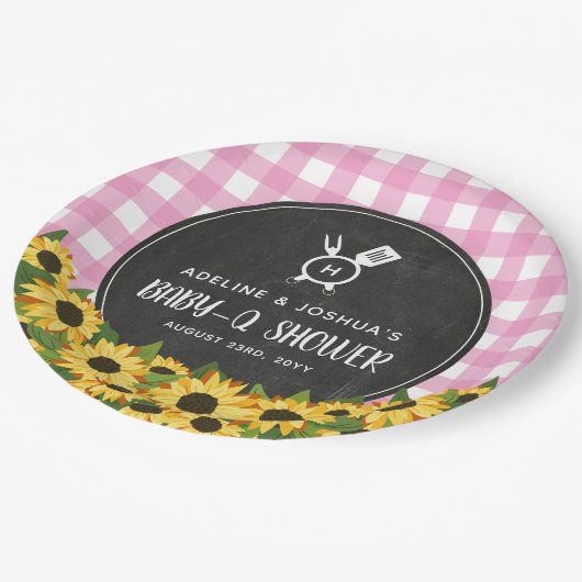 ピンクギンガムサンフラワーズチョークボードベビー- Qシャワー ペーパープレート (アングル)