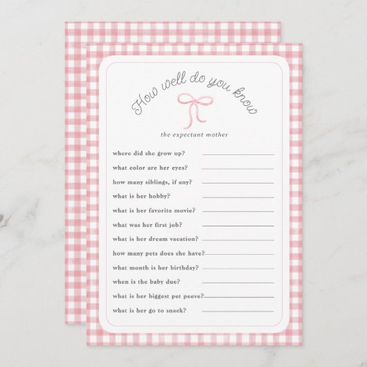 ピンクギンガムシャワーゲームカードをどれだけ知っているか 招待状 (正面/裏面)