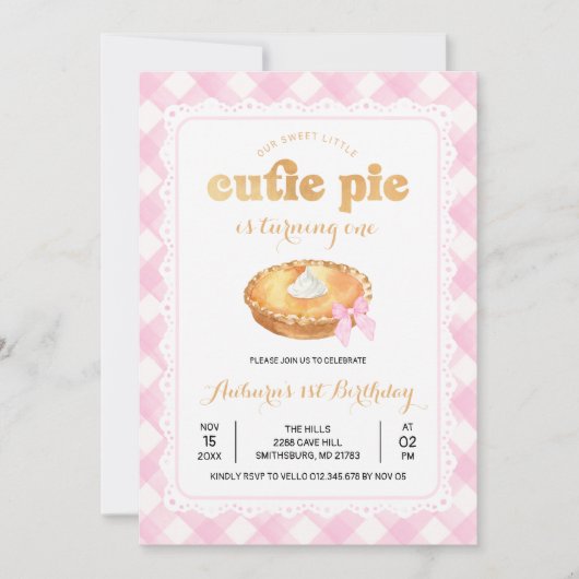 ピンクギンガムスイーツかわいこちゃんパイ誕生日招待状 招待状 (正面)