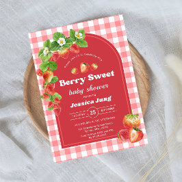 ピンクギンガムストロベリーベビーシャワーパーティー 招待状