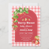 ピンクギンガムストロベリーベビーシャワーパーティー 招待状 (正面)
