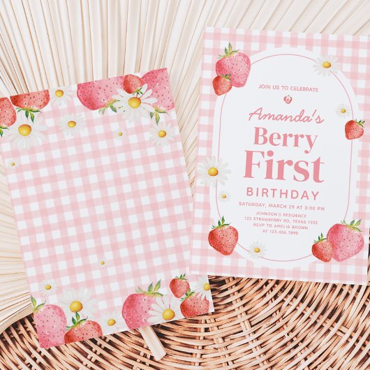 ピンクギンガムストロベリーベリーファースト誕生日パーティー 招待状
