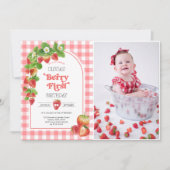 ピンクギンガムストロベリ1st誕生日の写真 招待状 (正面)