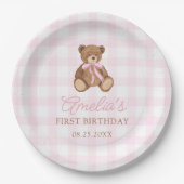 ピンクギンガムチェックのテディベアの1歳の誕生日 ペーパープレート (正面)