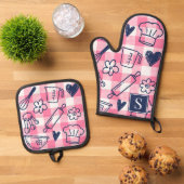 ピンクギンガムチェックの可愛いお菓子作りデザイン 鍋つかみ&鍋敷きセット (トップダウン)