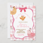 ピンクギンガムチェックの女の子1歳の誕生日招待状 招待状 (正面)