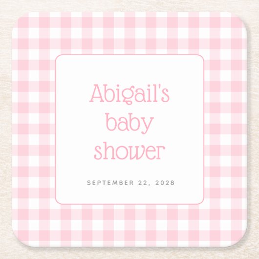 ピンクギンガムチェック素朴ガールズベビーシャワー スクエアペーパーコースター (正面)