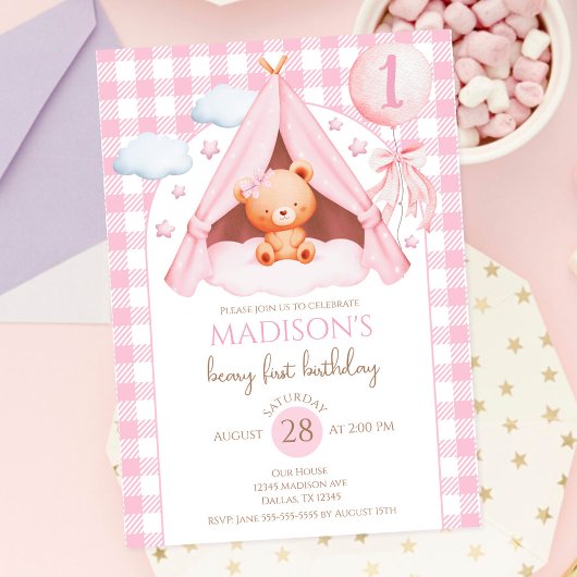 ピンクギンガムテディベアバルーンガール1歳の誕生日 招待状
