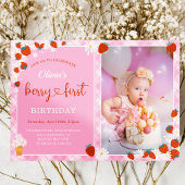 ピンクギンガムデイジーフラワーベリーファースト誕生日 招待状