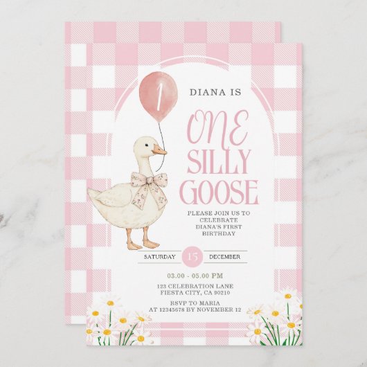 ピンクギンガムデイジーワン間抜けガチョウ誕生日 招待状 (正面/裏面)