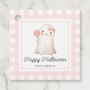ピンクギンガムハッピーハローウィンかわいい幽霊メッセージカード フェイバータグ
