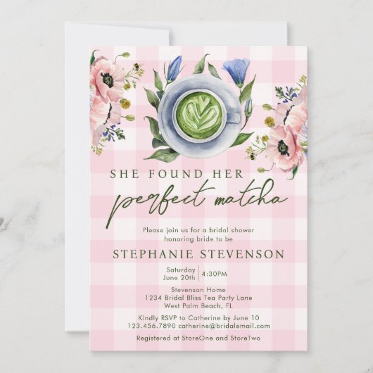 ピンクギンガムパーフェクト抹茶をテーマにしたブライダルシャワー 招待状 (正面)
